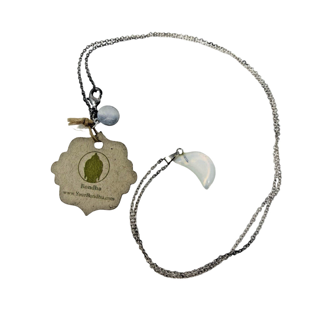 Bondhu Opalite Moon Pendant Necklace Silver Tone Crescent Charm Flaw